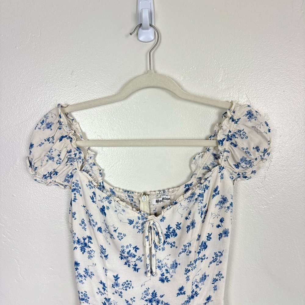 Reformation White Blue Floral Mini Dress Puff Sleeve Cottagecore Milkmaid Size 4 - Picture 2 of 5